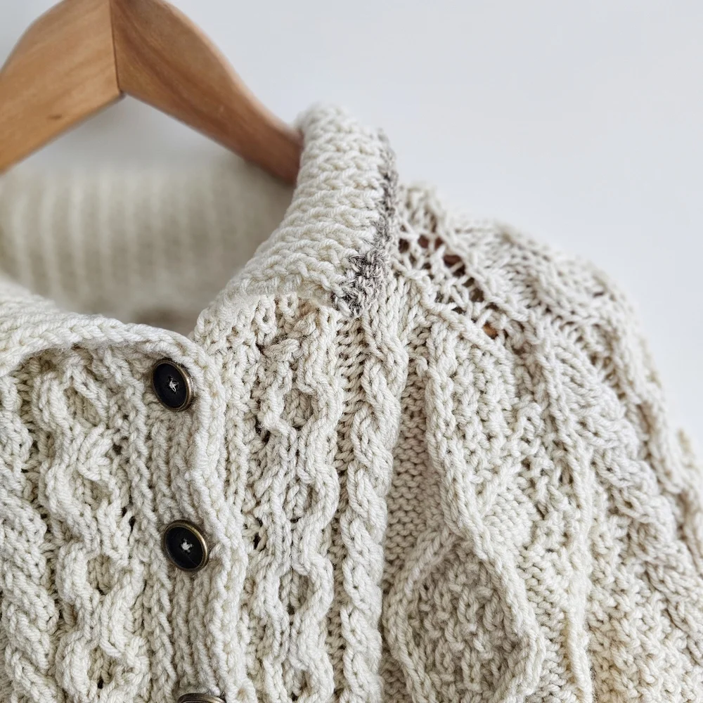 Vintage Hand Knit Cream Chunky Cardigan  Sweater Jacket Children Size Large